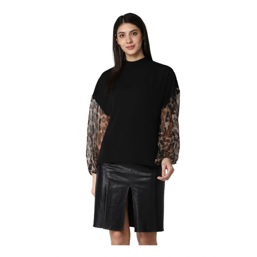 Women's Polyester Animal Print Long Sleeve Top - Black