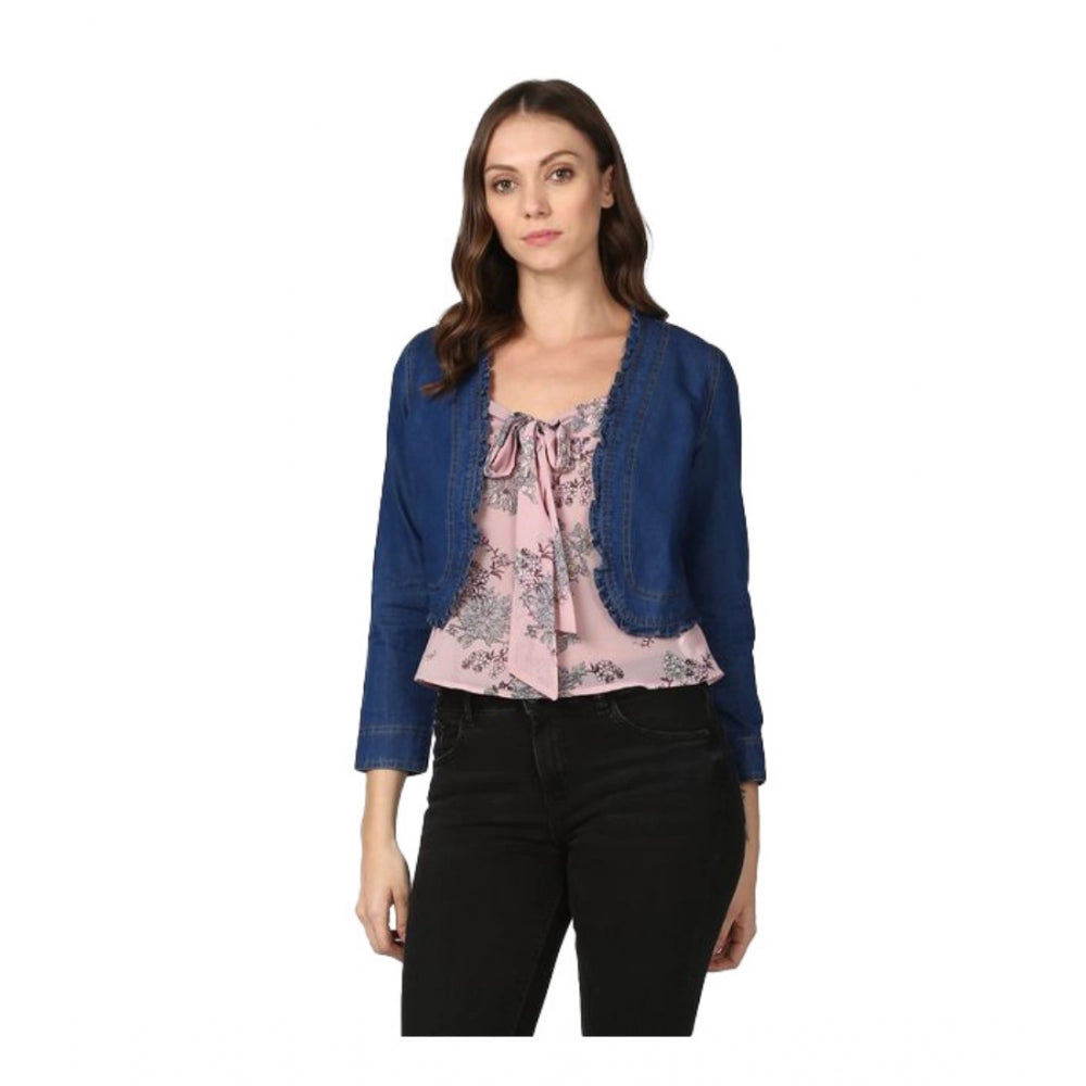 Women's Denim Ruffled Long Sleeve Shrug - Navy Blue