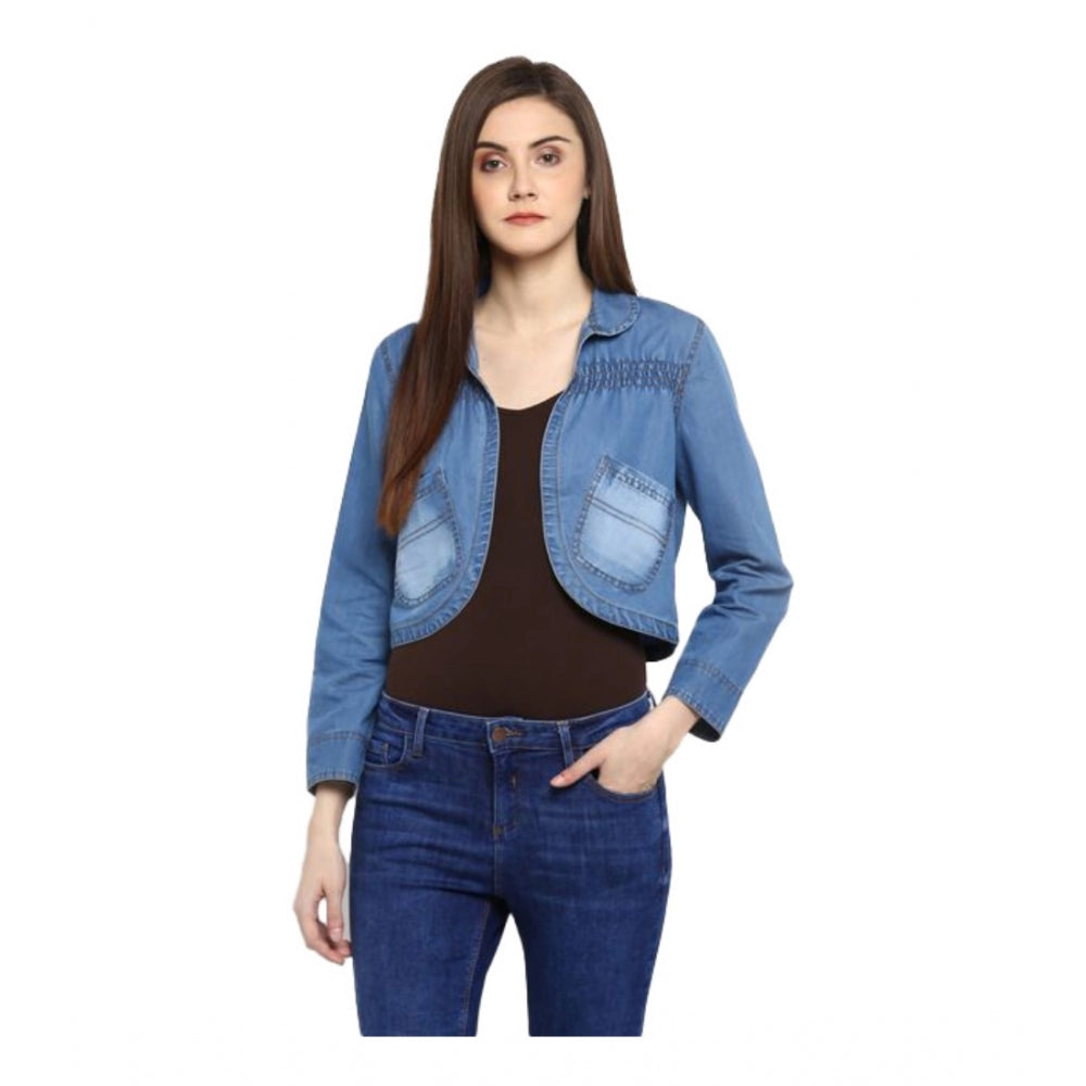 Women's Denim Smocking 3/4 Sleeve Sleeves Shrug - Blue