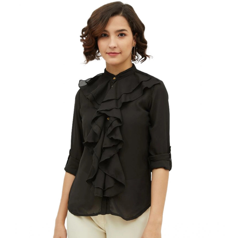 Women's Polyester Ruffled Long Sleeve Standard Length Shirt - Black
