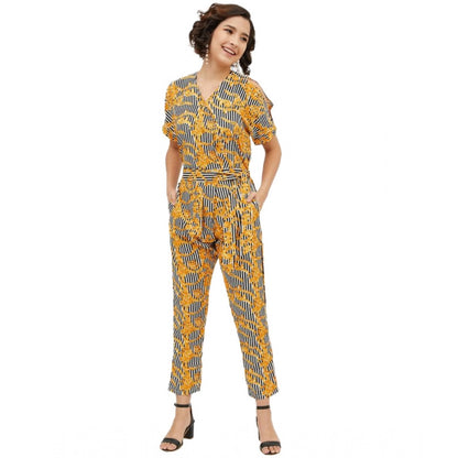 Generic Women's Polyester Printed Half Sleeve Long Jumpsuit (Yellow) - Women's Dress | POPNOVA