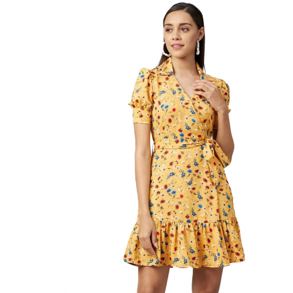 Generic Women's Polyester Floral Short Sleeve Above Knee Dress (Yellow) - Women's Dress | POPNOVA