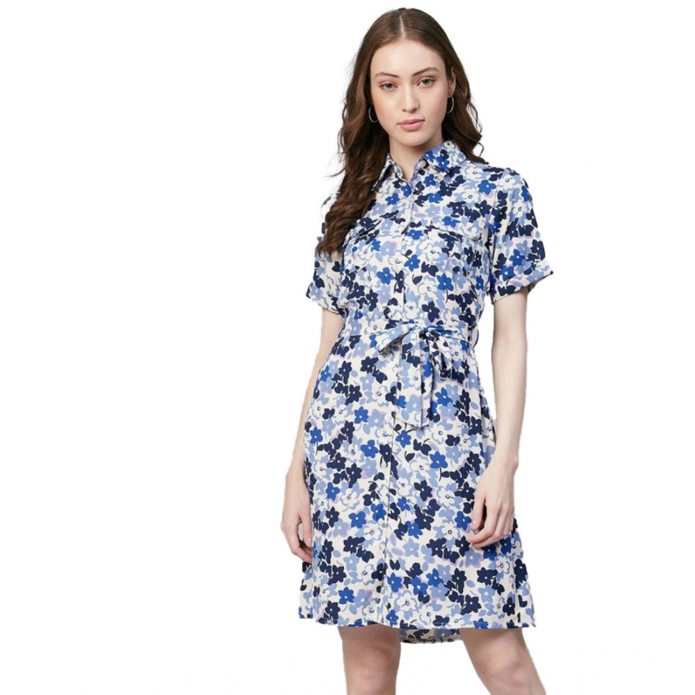 Generic Women's Polyester Floral Short Sleeve Above Knee Dress (Blue - White) - Women's Dress | POPNOVA