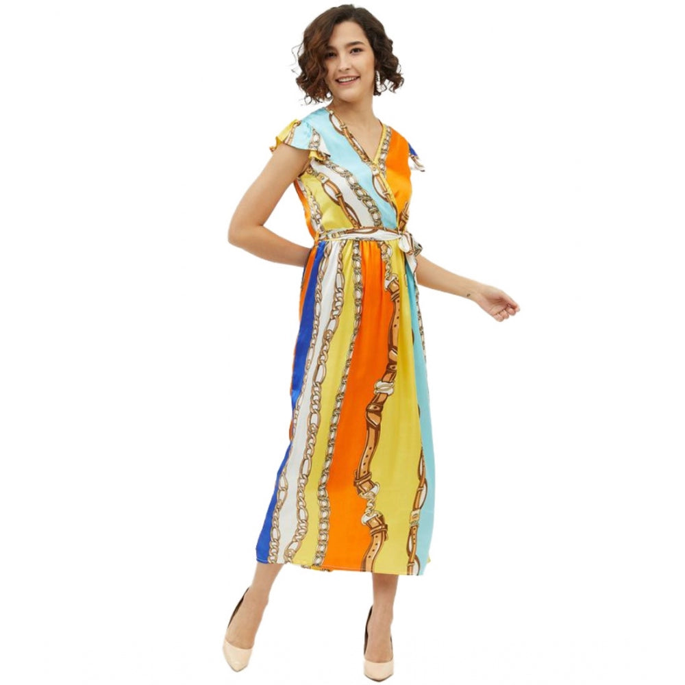 Generic Women's Satin Chain Print Cap Sleeve Calf-length Dress (Multicolor) - Women's Dress | POPNOVA
