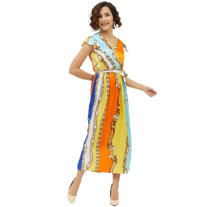 Generic Women's Satin Chain Print Cap Sleeve Calf-length Dress (Multicolor) - Women's Dress | POPNOVA