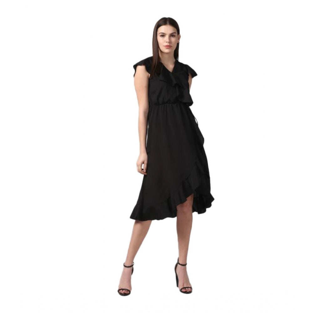 Generic Women's Polyester Ruffled Cap Sleeve Knee-Length Dress (Black) - Women's Dress | POPNOVA