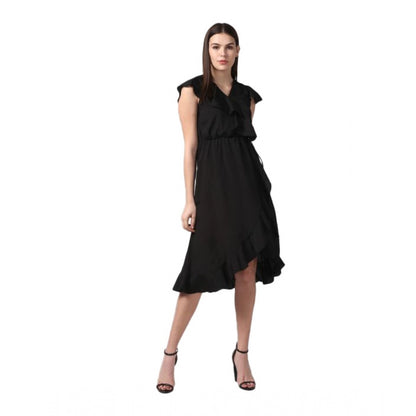 Generic Women's Polyester Ruffled Cap Sleeve Knee-Length Dress (Black) - Women's Dress | POPNOVA