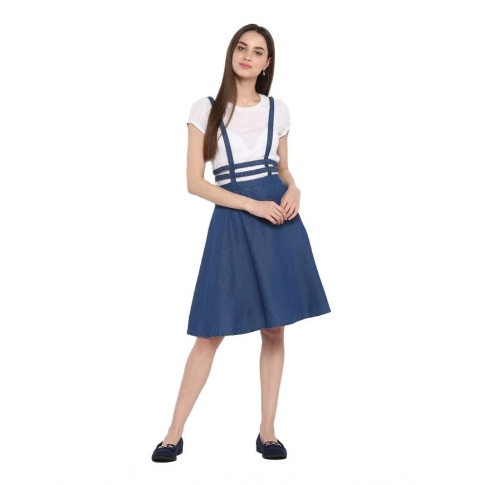 Generic Women's Denim Solid Shoulder Straps Below Knee Dress (Blue) - Women's Dress | POPNOVA