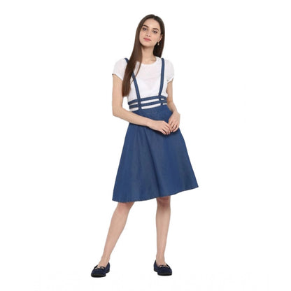 Generic Women's Denim Solid Shoulder Straps Below Knee Dress (Blue) - Women's Dress | POPNOVA