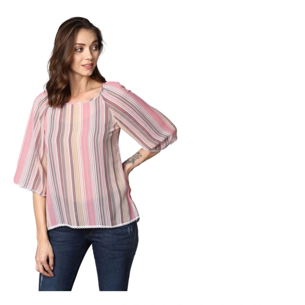 Women's Polyester Striped 3/4 Sleeve Sleeves Top - Pink
