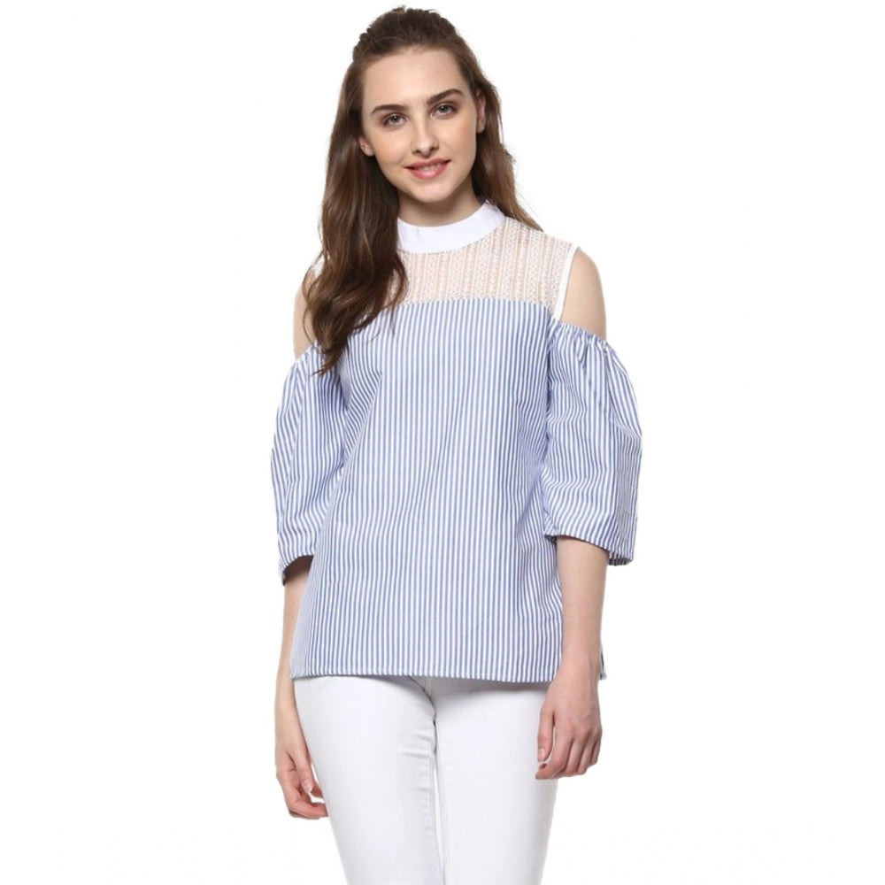 Women's Cotton Striped Cold Shoulder Top - Blue