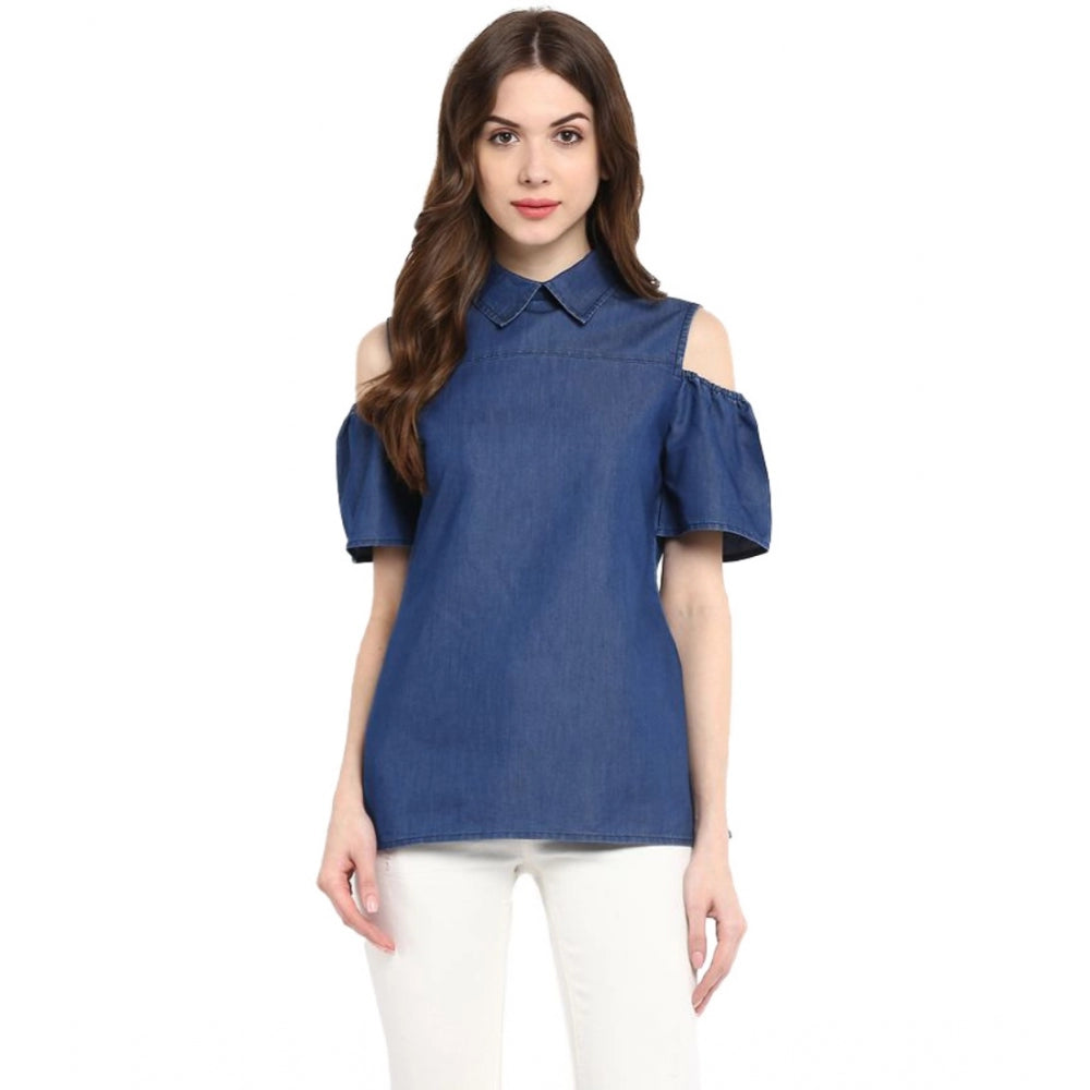Women's Denim Solid Cold Shoulder Regular Top - Blue