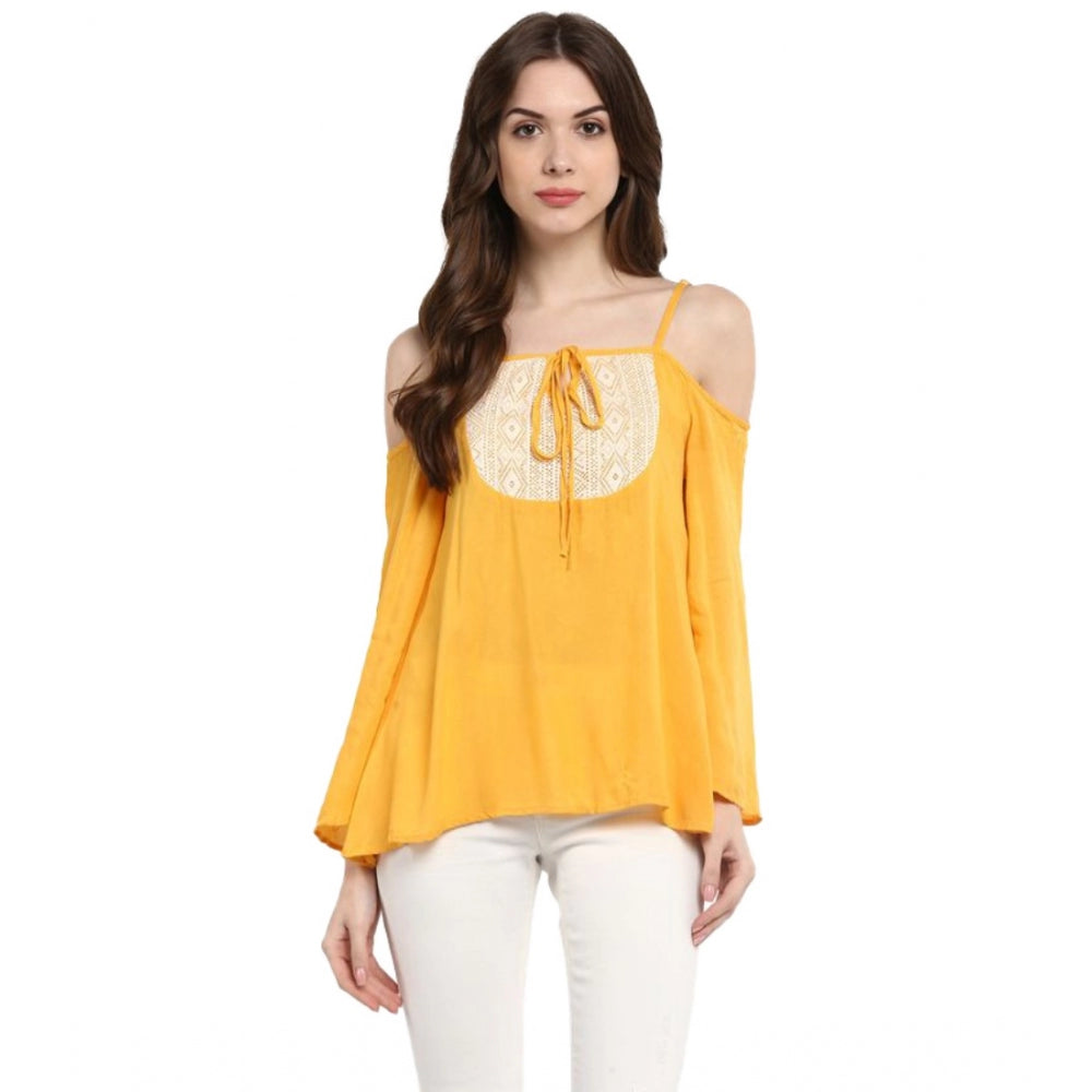 Women's Rayon Embellished Cold Shoulder Regular Top - Mustard Yellow