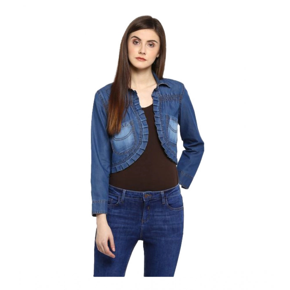 Women's Denim Pleated 3/4 Sleeve Sleeves Shrug - Blue