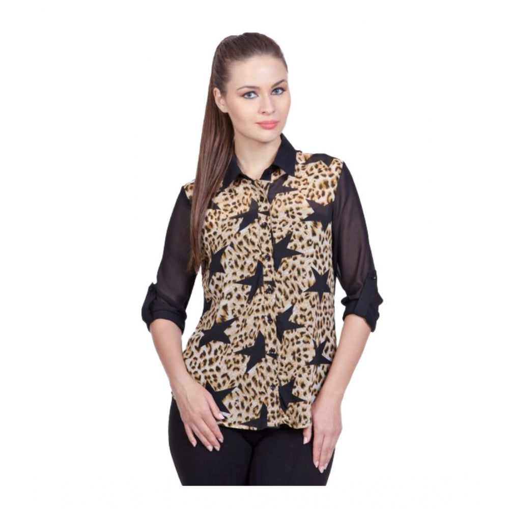 Women's Polyester Printed Roll Up Sleeve Standard Length Shirt - Black
