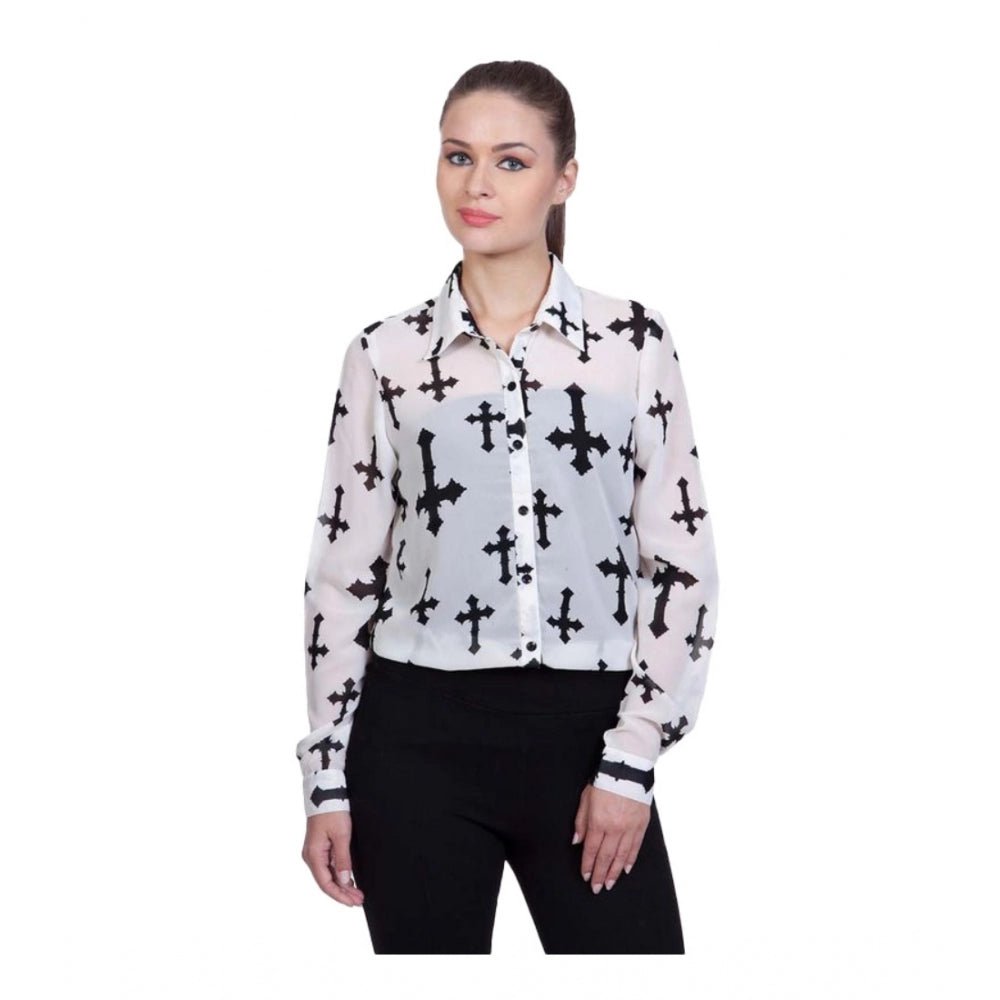 Women's Polyester Printed Long Sleeve Standard Length Shirt - White