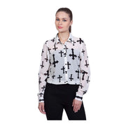 Women's Polyester Printed Long Sleeve Standard Length Shirt - White