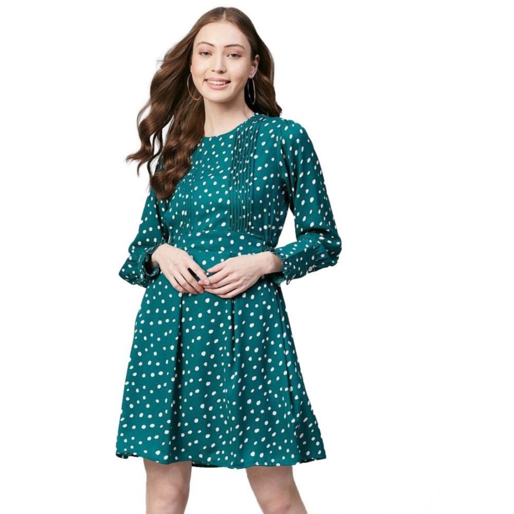 Generic Women's Polyester Polka Long Sleeves Above Knee Dress (Green - White) - Women's Dress | POPNOVA