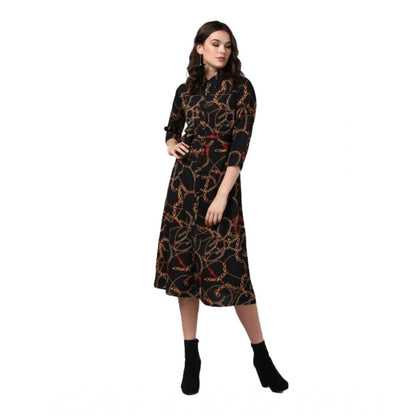 Generic Women's Polyester Chain Print Roll Up Sleeve Below Knee Dress (Black - Yellow) - Women's Dress | POPNOVA
