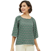 Women's Polyester Printed 3/4 Sleeve Sleeves Top - Green