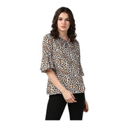 Women's Polyester Animal Print Bell Sleeve Top - Orange - Black