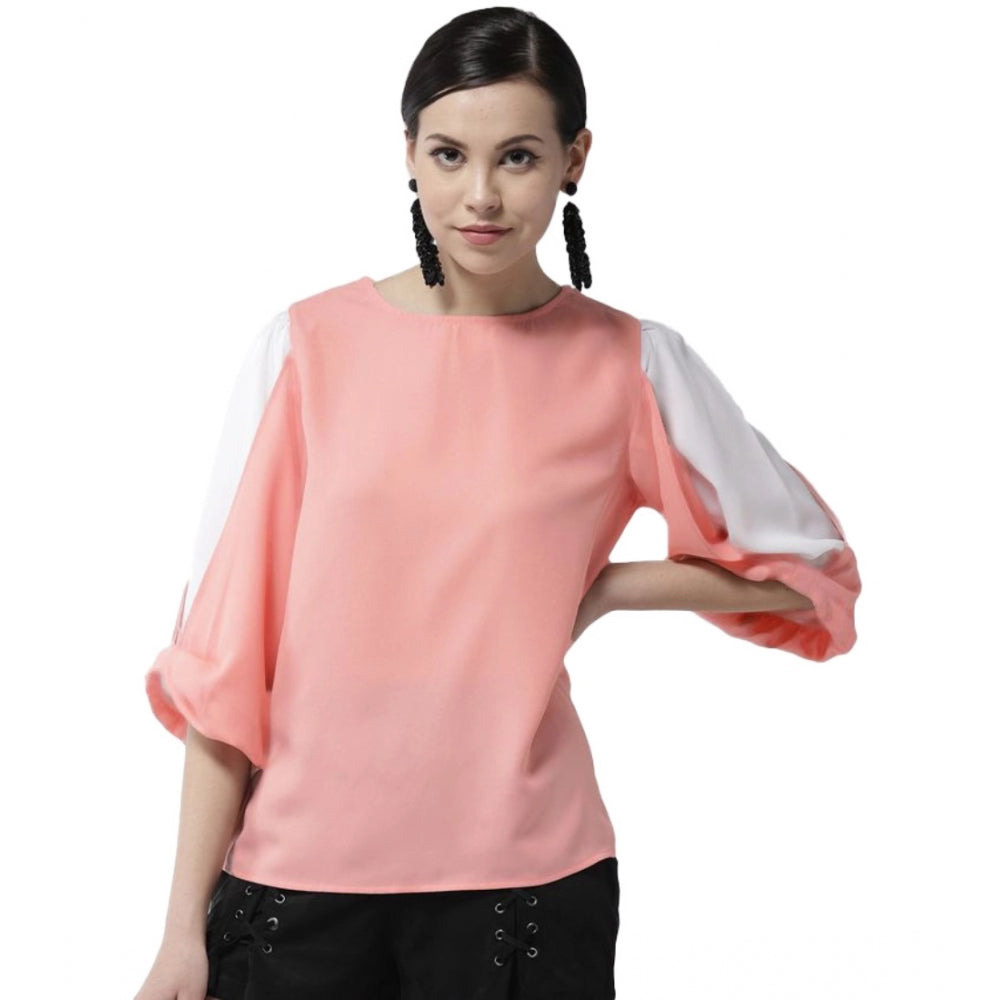 Women's Polyester Colour Block Slit Sleeve Top - Pink