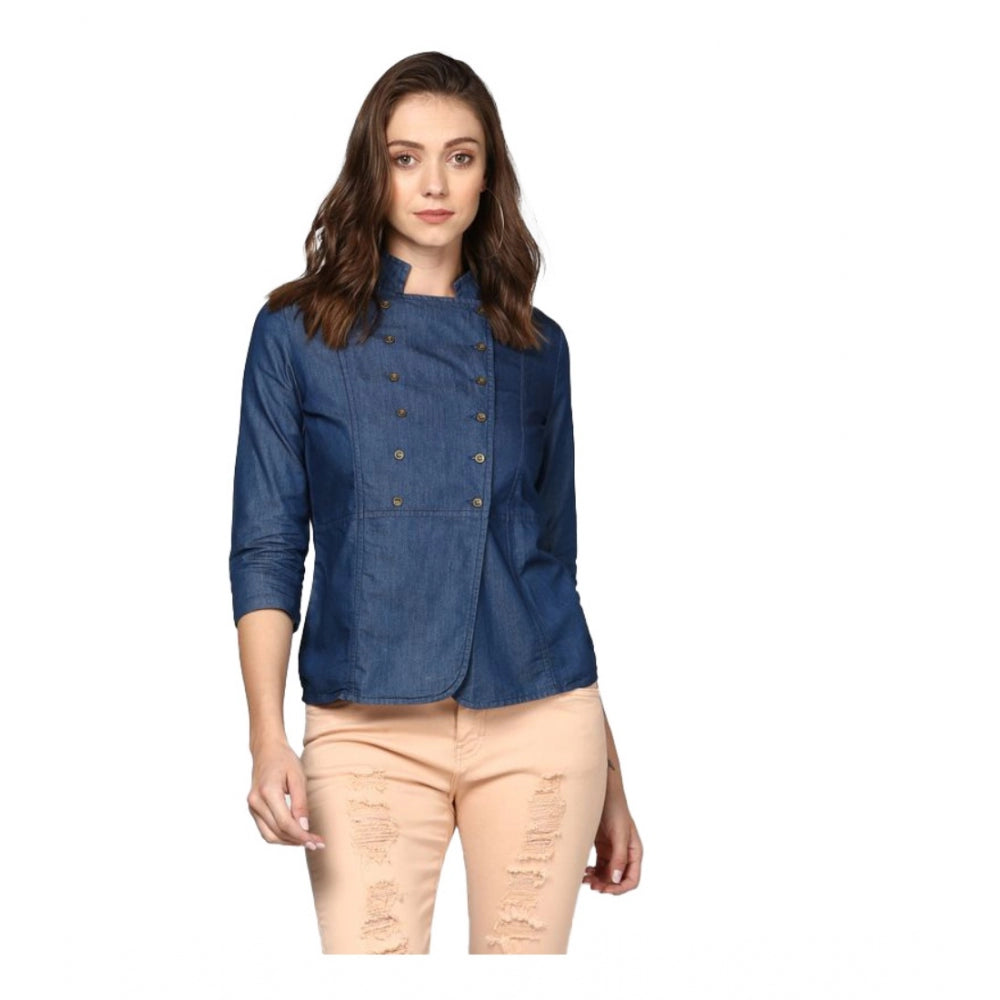 Women's Denim Solid 3/4 Sleeve Sleeves Top - Blue