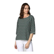 Women's Polyester Printed 3/4 Sleeve Sleeves Top - Green