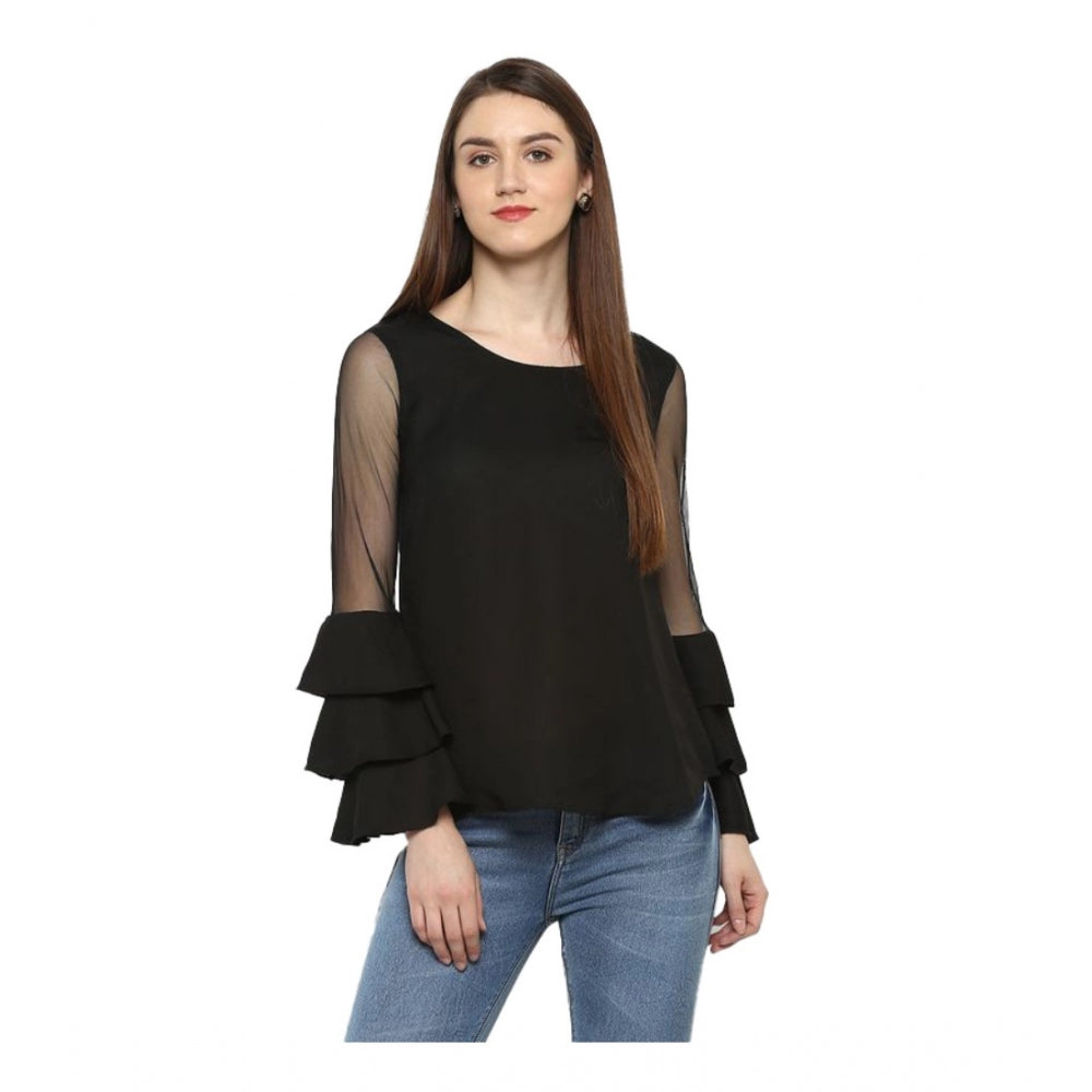 Women's Polyester Solid Tier Sleeve Top - Black