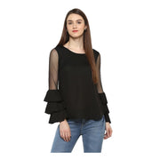 Women's Polyester Solid Tier Sleeve Top - Black