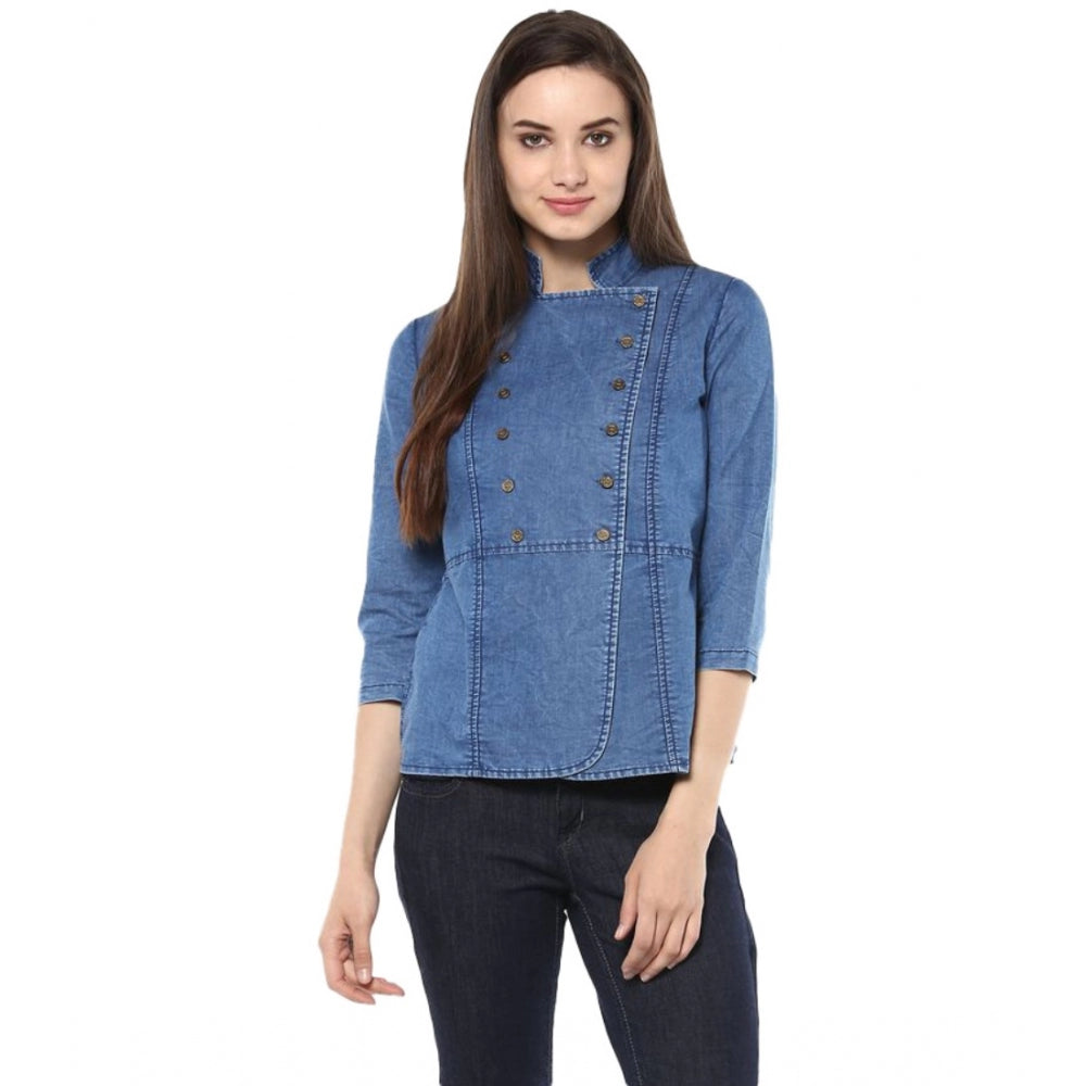 Women's Denim Solid 3/4 Sleeve Sleeves Regular Top - Blue