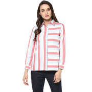 Women's Cotton Striped Roll Up Sleeve Regular Top - Red