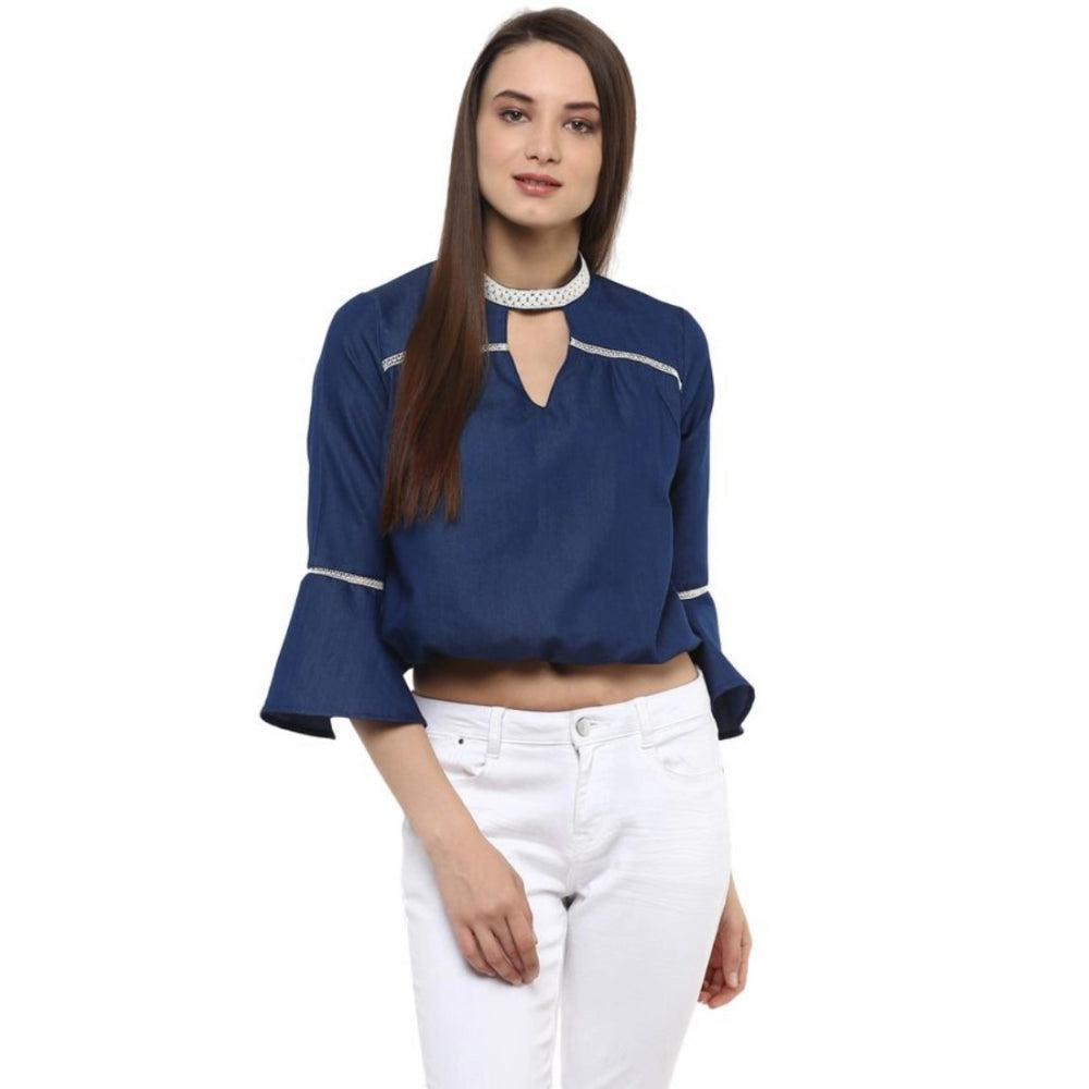 Women's Polyester Solid Bell Sleeve Regular Top - Blue
