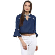 Women's Polyester Solid Bell Sleeve Regular Top - Blue