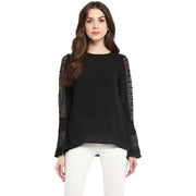 Women's Polyester Georgette Self Design Bell Sleeve Regular Top - Black