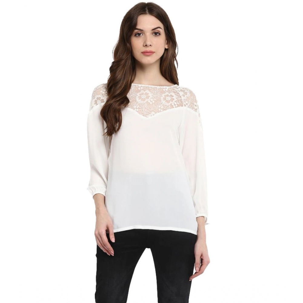 Women's Polyester Georgette Self Design 3/4 Sleeve Sleeves Regular Top - White