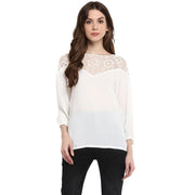Women's Polyester Georgette Self Design 3/4 Sleeve Sleeves Regular Top - White