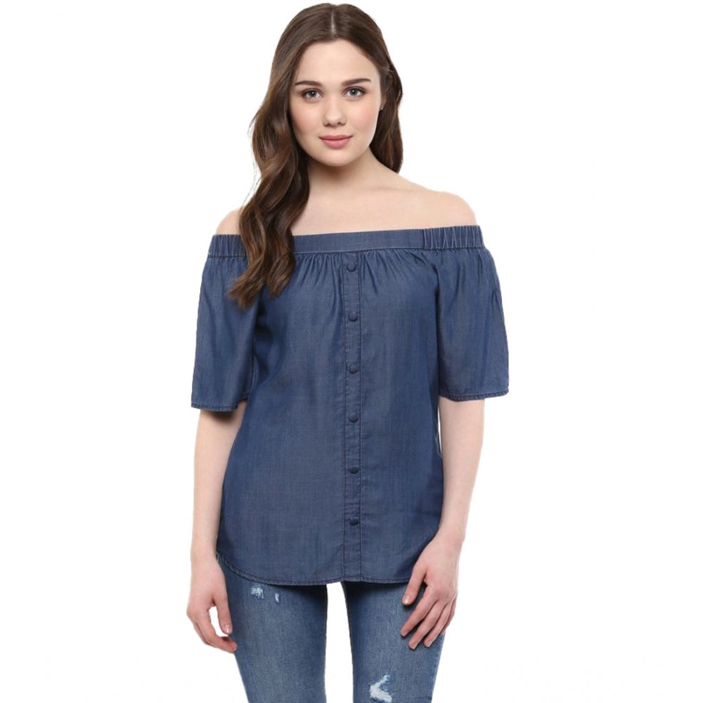 Women's Denim Solid Short Sleeve Regular Top - Blue