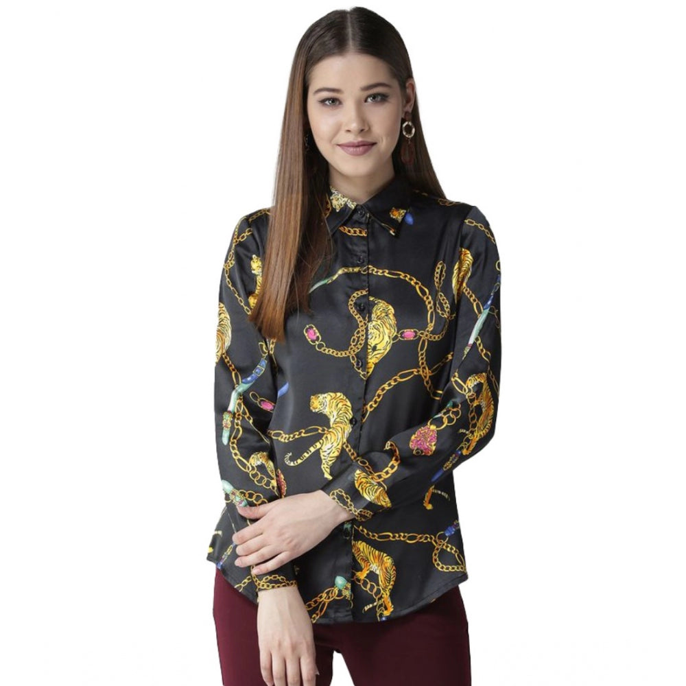 Women's Satin Printed Long Sleeve Standard Length Shirt - Black - Gold