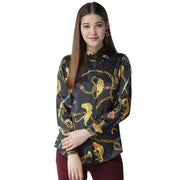 Women's Satin Printed Long Sleeve Standard Length Shirt - Black - Gold
