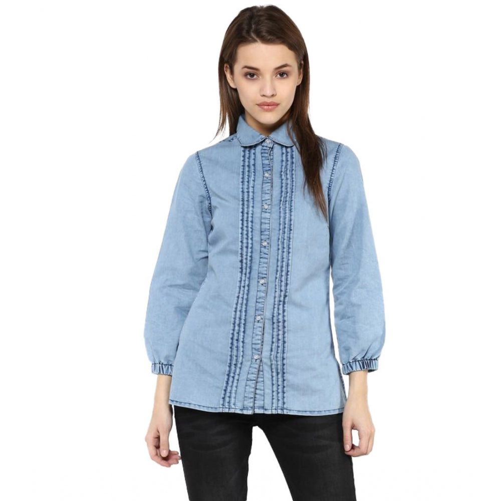 Women's Denim Solid 3/4 Sleeve Sleeves Standard Length Shirt - Blue