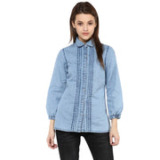 Women's Denim Solid 3/4 Sleeve Sleeves Standard Length Shirt - Blue