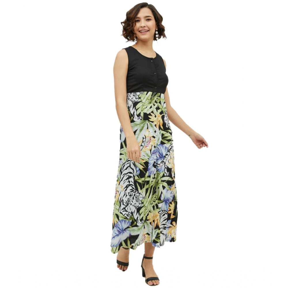 Generic Women's Rayon Floral Sleeveless Calf-length Dress (Multicolor) - Women's Dress | POPNOVA