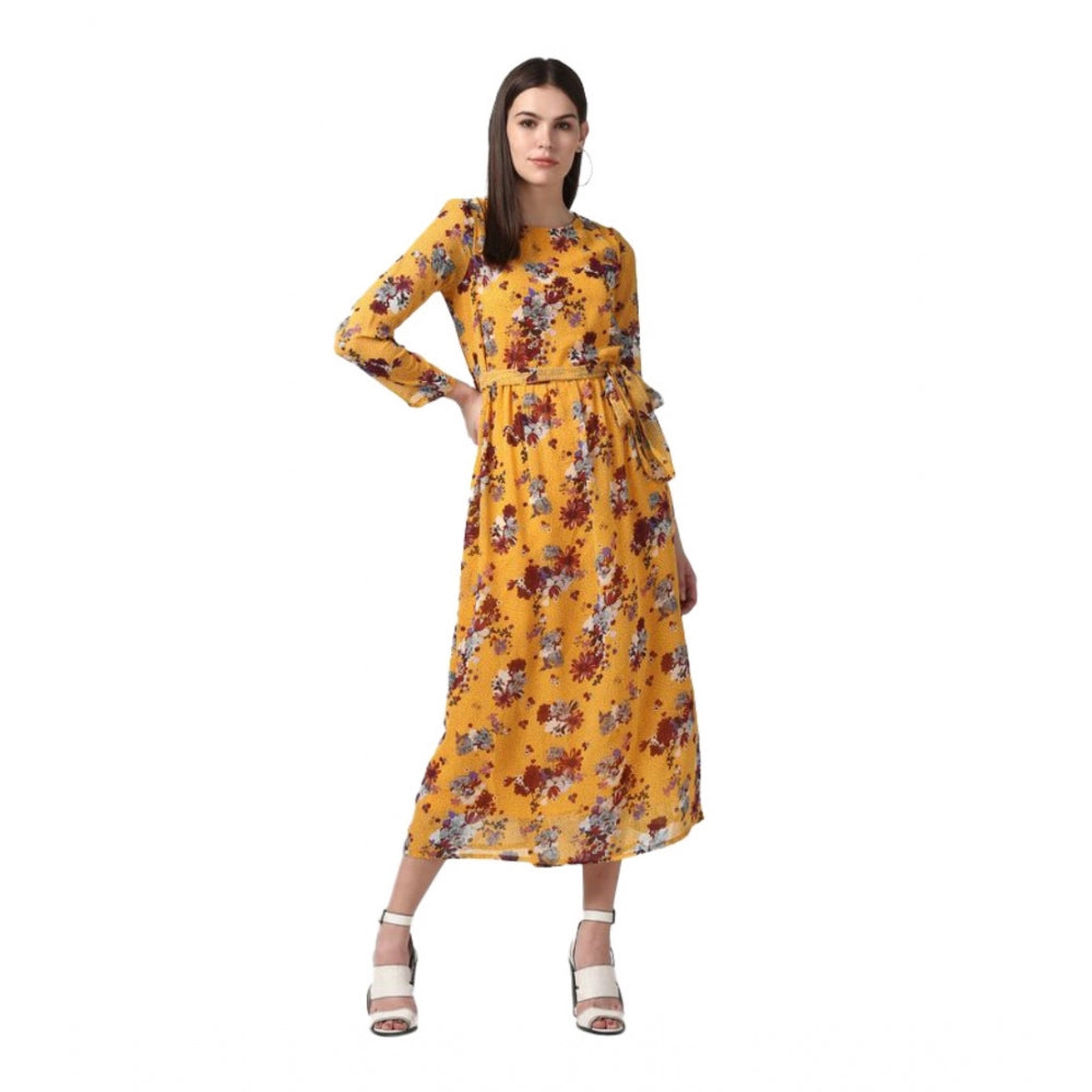 Generic Women's Polyester Floral Long Sleeves Calf-length Dress (Yellow) - Women's Dress | POPNOVA
