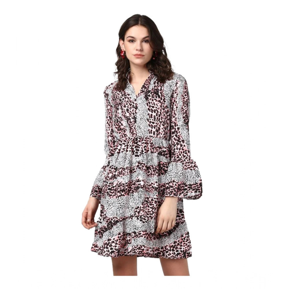 Generic Women's Polyester Animal Print Bell Sleeve Above Knee Dress (Pink - Black) - Women's Dress | POPNOVA