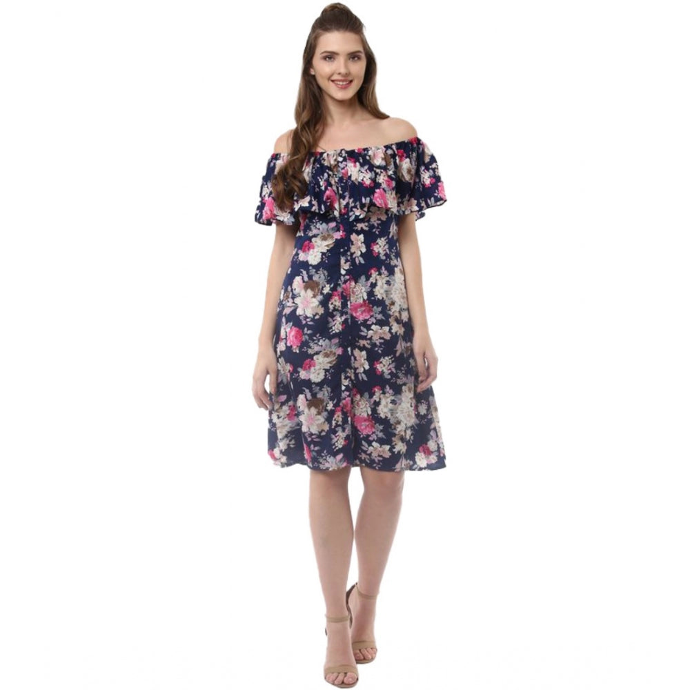 Generic Women's Polyester Crepe Floral Half Sleeve Above Knee Dress (Navy Blue) - Women's Dress | POPNOVA