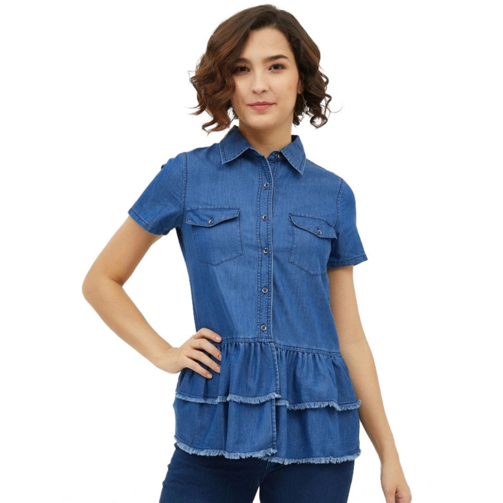 Women's Denim Peplum Short Sleeve Top - Blue