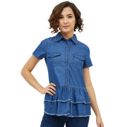 Women's Denim Peplum Short Sleeve Top - Blue