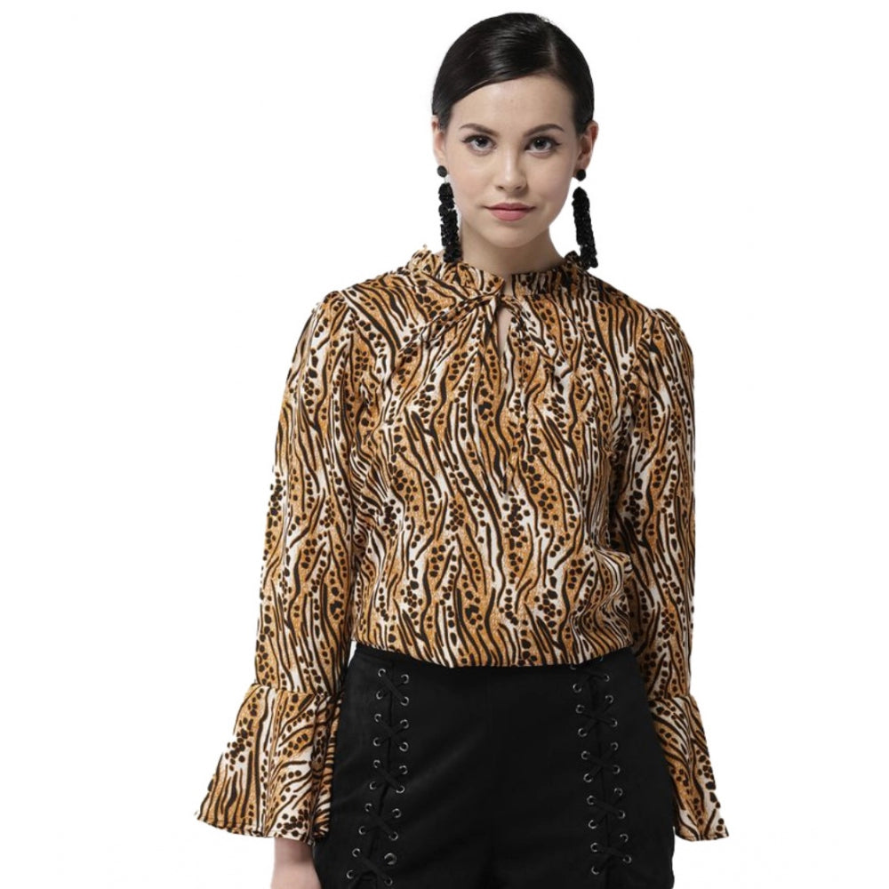 Women's Polyester Printed Bell Sleeve Top - Orange - Black