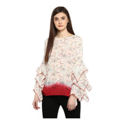 Women's Rayon Crepe Printed Ruffle Sleeve Top - Off White - Red